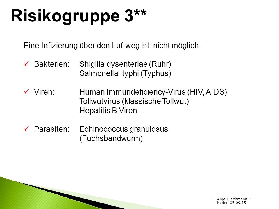 Risikogruppe 3** Eine Infizierung über den Luftweg ist nicht möglich.