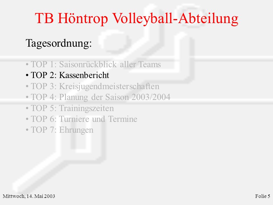 Tagesordnung: TOP 1: Saisonrückblick aller Teams TOP 2: Kassenbericht