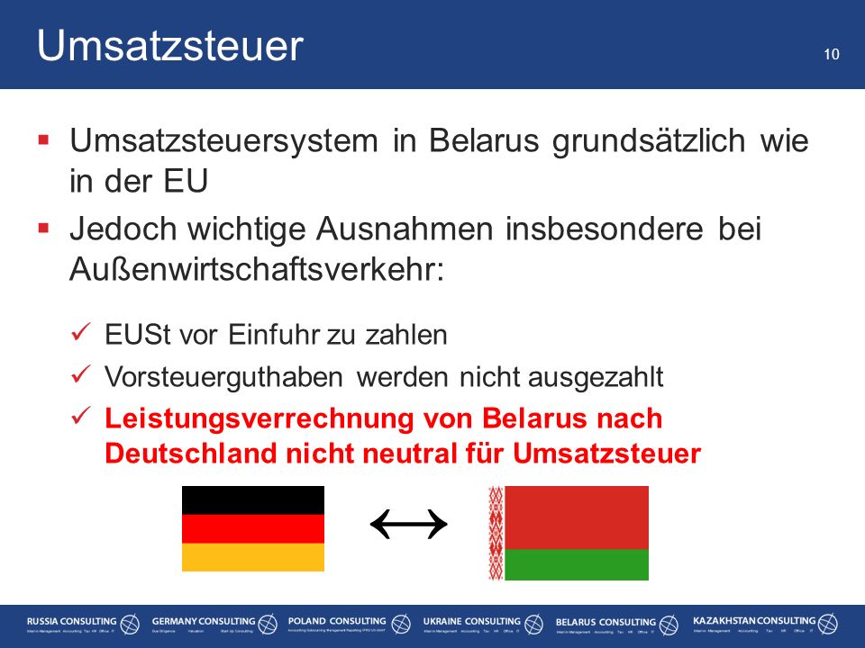 Umsatzsteuer Umsatzsteuersystem in Belarus grundsätzlich wie in der EU. Jedoch wichtige Ausnahmen insbesondere bei Außenwirtschaftsverkehr: