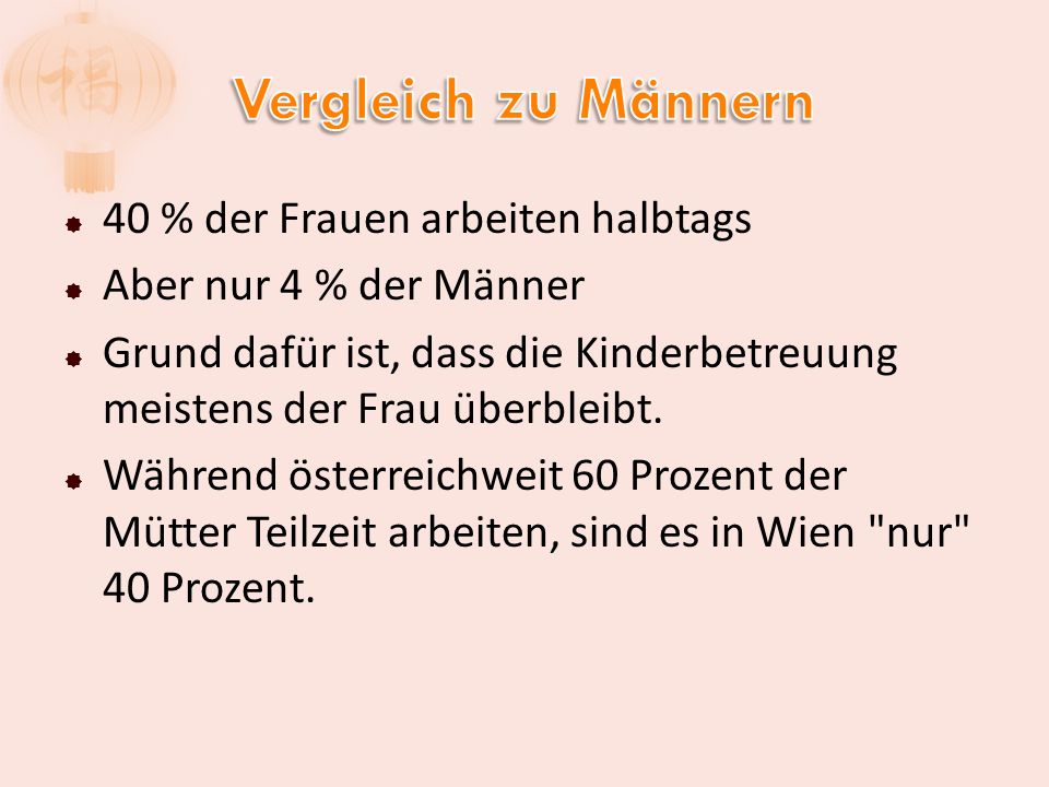 Vergleich zu Männern 40 % der Frauen arbeiten halbtags