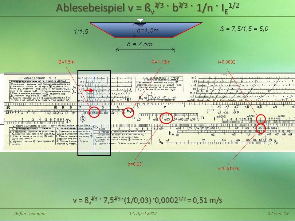 Ablesebeispiel v = ßv²/3 · b²/3 · 1/n · IE1/2