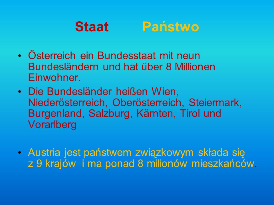 Staat Państwo Österreich ein Bundesstaat mit neun Bundesländern und hat über 8 Millionen Einwohner.
