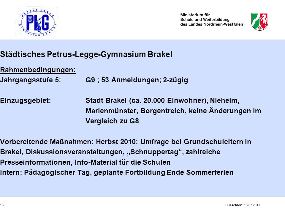 Städtisches Petrus-Legge-Gymnasium Brakel Rahmenbedingungen: Jahrgangsstufe 5: G9 ; 53 Anmeldungen; 2-zügig Einzugsgebiet: Stadt Brakel (ca Einwohner), Nieheim, Marienmünster, Borgentreich, keine Änderungen im Vergleich zu G8 Vorbereitende Maßnahmen: Herbst 2010: Umfrage bei Grundschuleltern in Brakel, Diskussionsveranstaltungen, „Schnuppertag , zahlreiche Presseinformationen, Info-Material für die Schulen intern: Pädagogischer Tag, geplante Fortbildung Ende Sommerferien