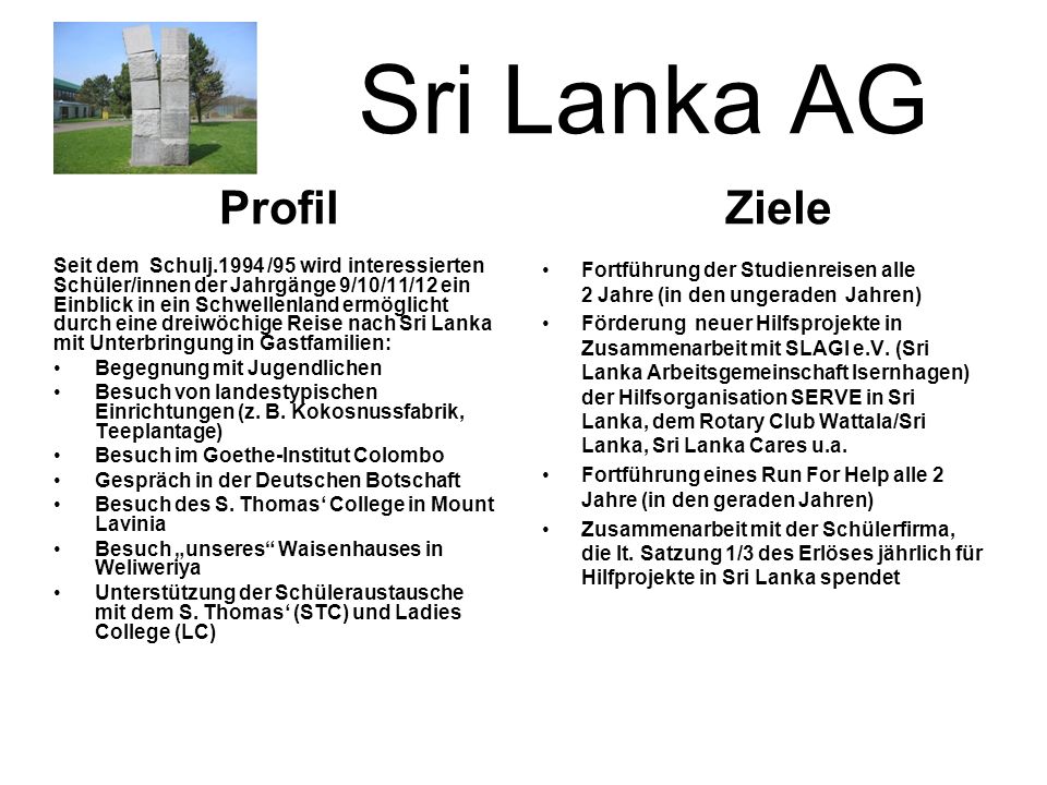 Sri Lanka AG Ziele Profil