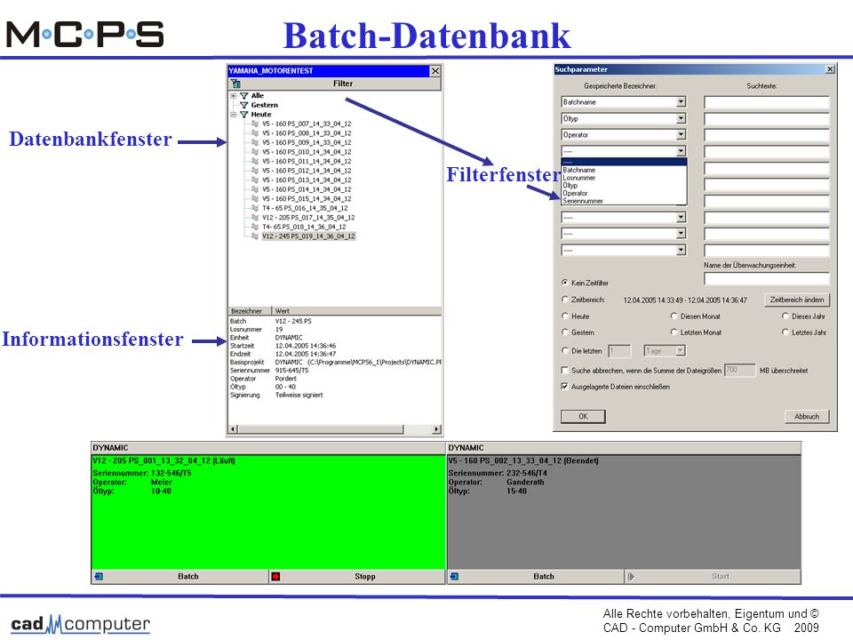 Batch-Datenbank Datenbankfenster Filterfenster Informationsfenster