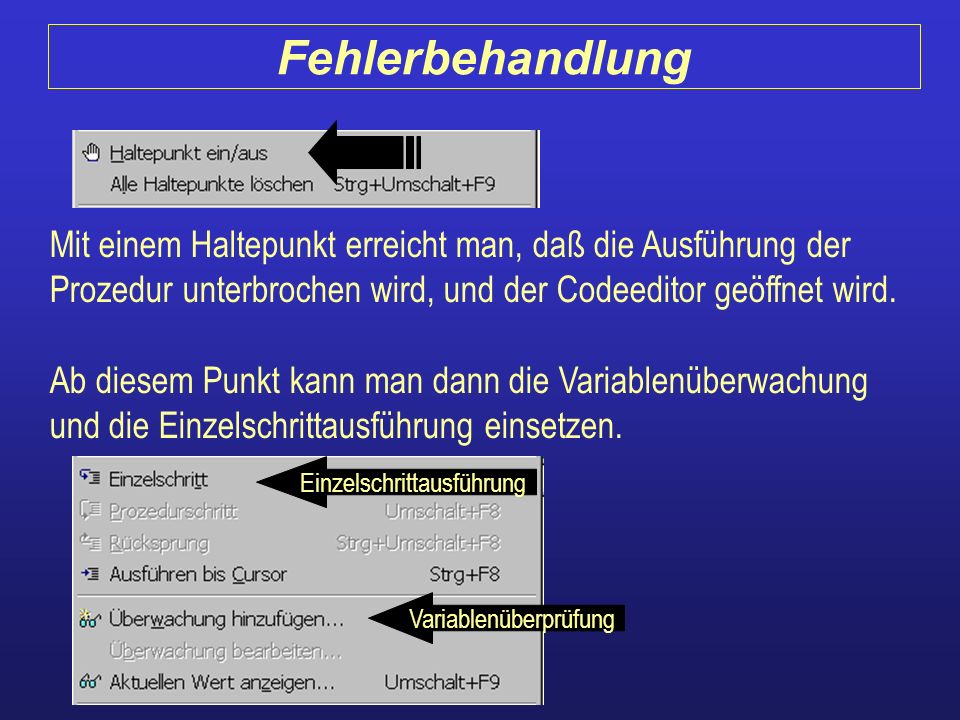 Fehlerbehandlung Mit einem Haltepunkt erreicht man, daß die Ausführung der Prozedur unterbrochen wird, und der Codeeditor geöffnet wird.