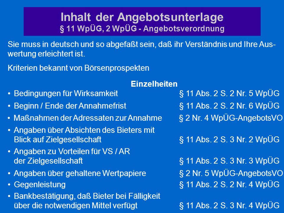Inhalt der Angebotsunterlage § 11 WpÜG, 2 WpÜG - Angebotsverordnung