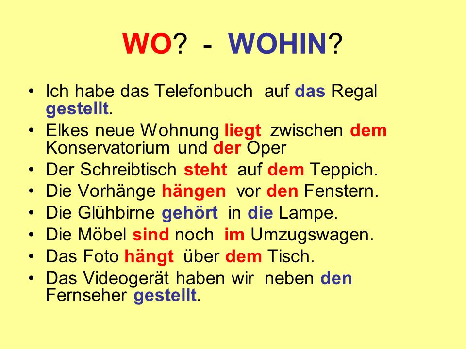 WO - WOHIN Ich habe das Telefonbuch auf das Regal gestellt.