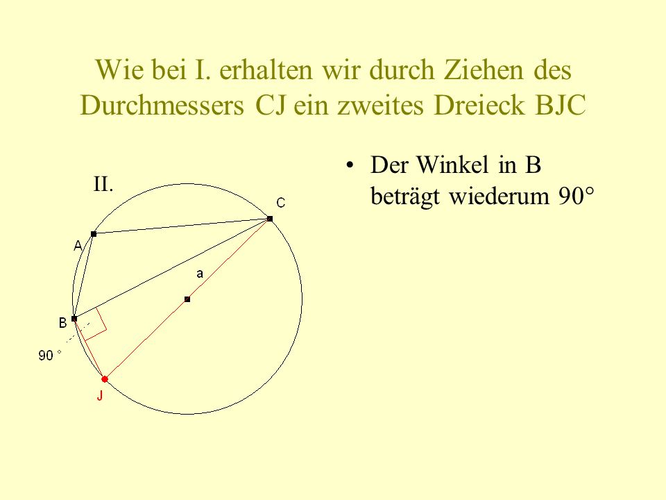 Wie bei I. erhalten wir durch Ziehen des Durchmessers CJ ein zweites Dreieck BJC