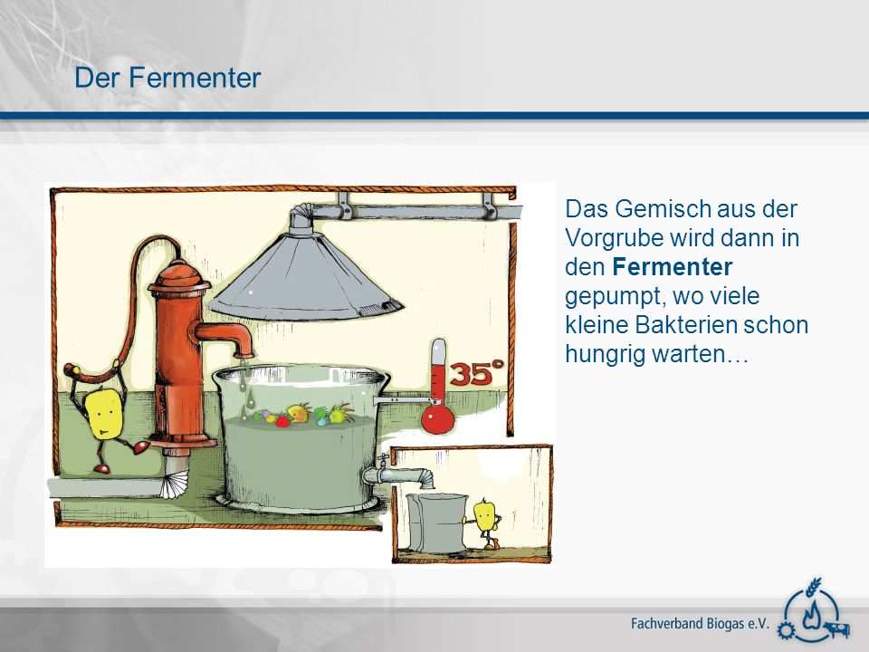 Der Fermenter Das Gemisch aus der Vorgrube wird dann in den Fermenter gepumpt, wo viele kleine Bakterien schon hungrig warten…