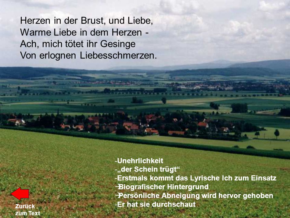 Herzen in der Brust, und Liebe, Warme Liebe in dem Herzen - Ach, mich tötet ihr Gesinge Von erlognen Liebesschmerzen.