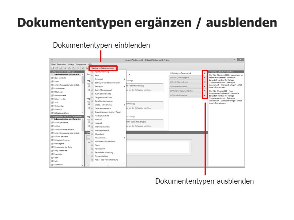 Dokumententypen ergänzen / ausblenden