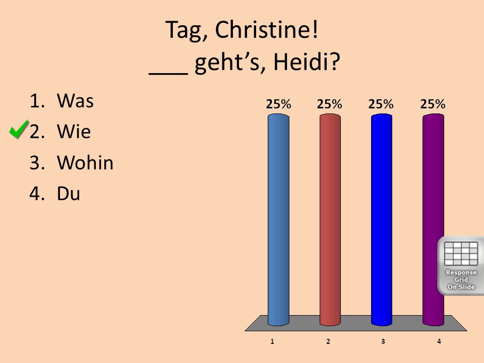 Tag, Christine! ___ geht’s, Heidi