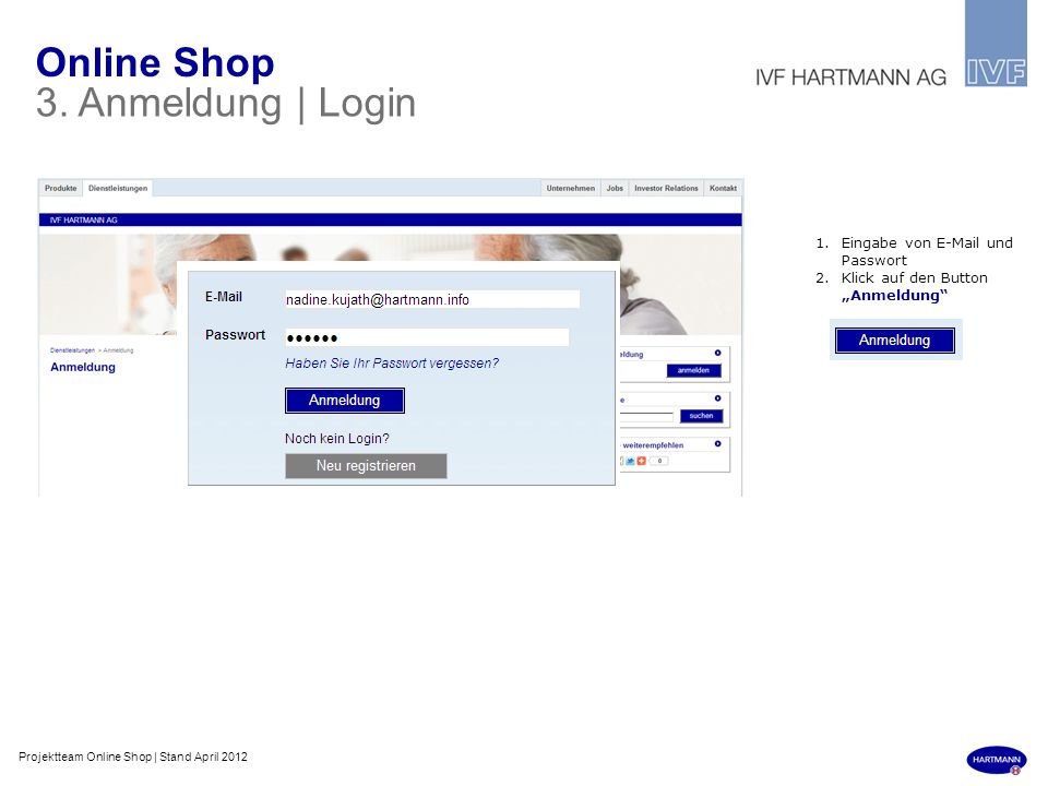 Online Shop 3. Anmeldung | Login Eingabe von  und Passwort