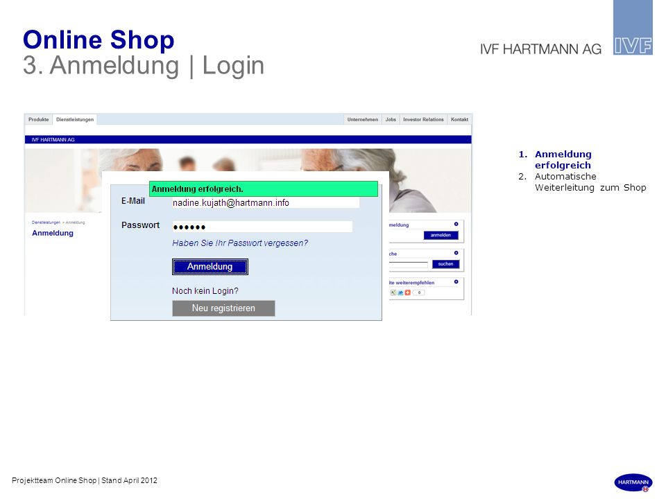 Online Shop 3. Anmeldung | Login Anmeldung erfolgreich