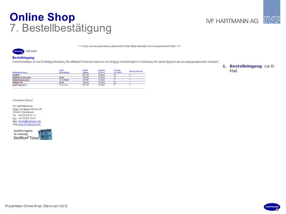 Online Shop 7. Bestellbestätigung Bestelleingang via