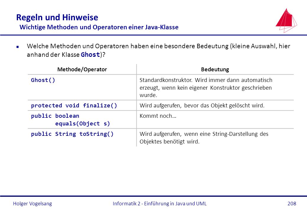 Regeln und Hinweise Wichtige Methoden und Operatoren einer Java-Klasse