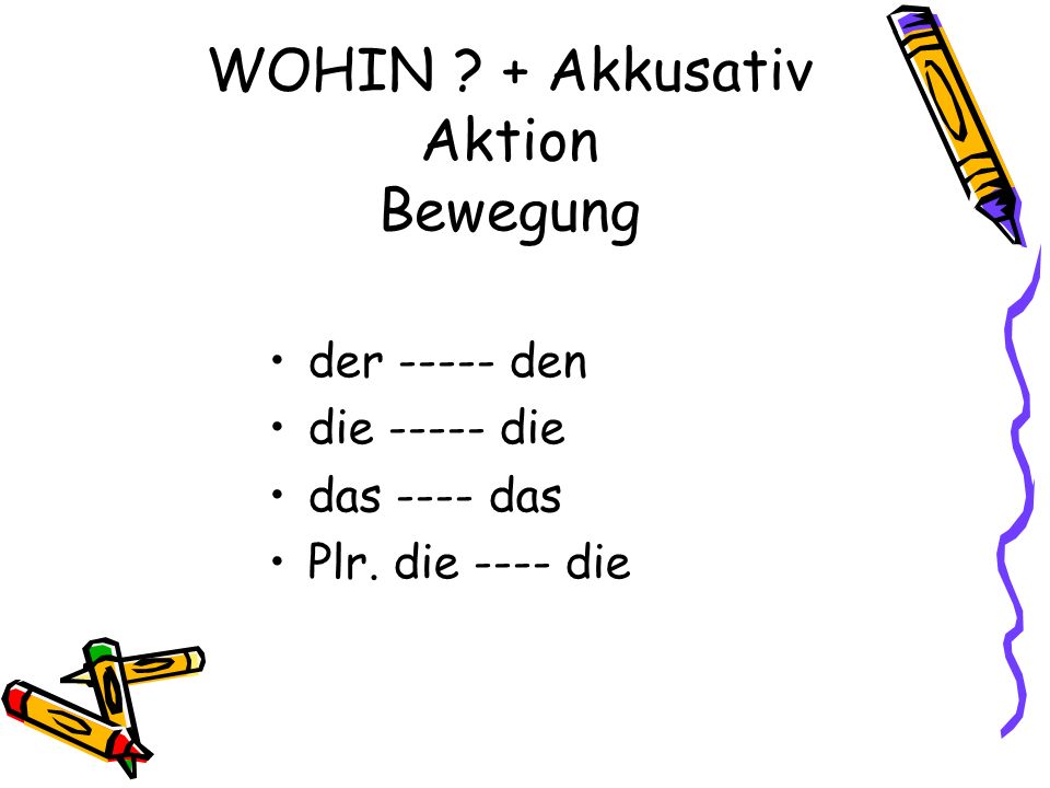 WOHIN + Akkusativ Aktion Bewegung