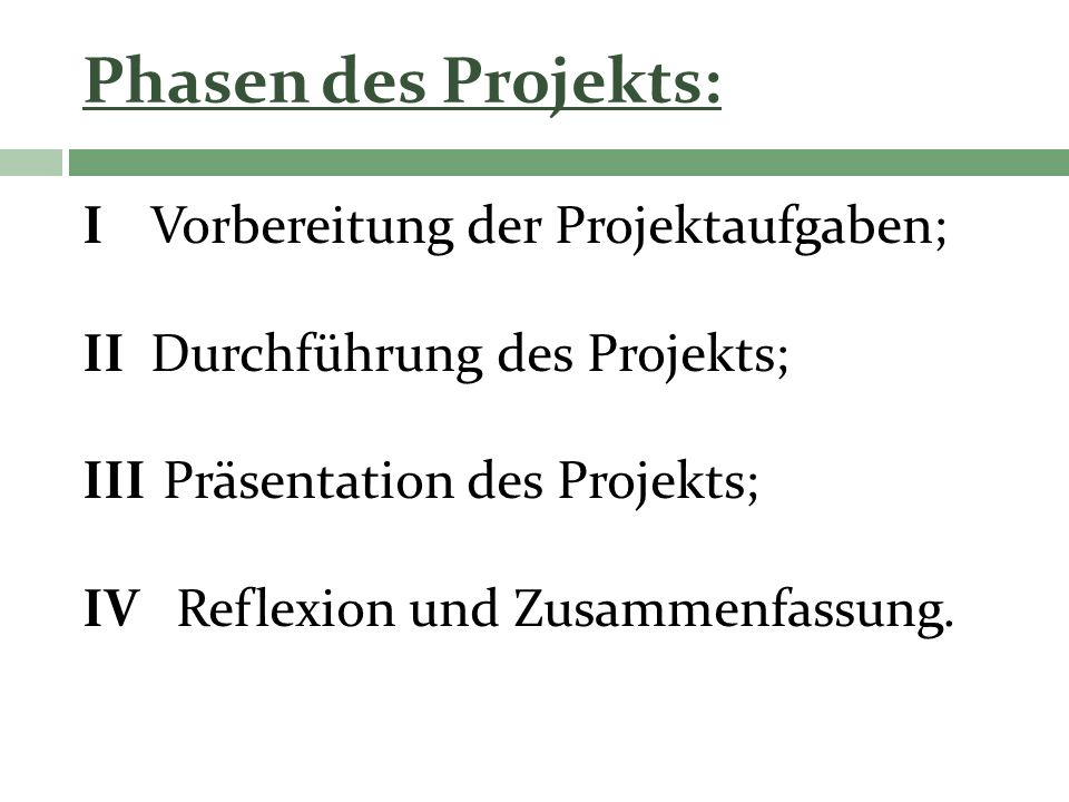 Phasen des Projekts: I Vorbereitung der Projektaufgaben;