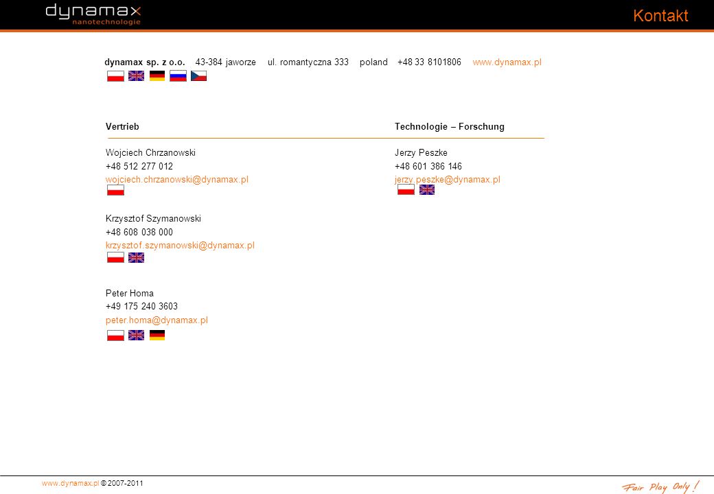 Kontakt dynamax sp. z o.o jaworze ul. romantyczna 333 poland