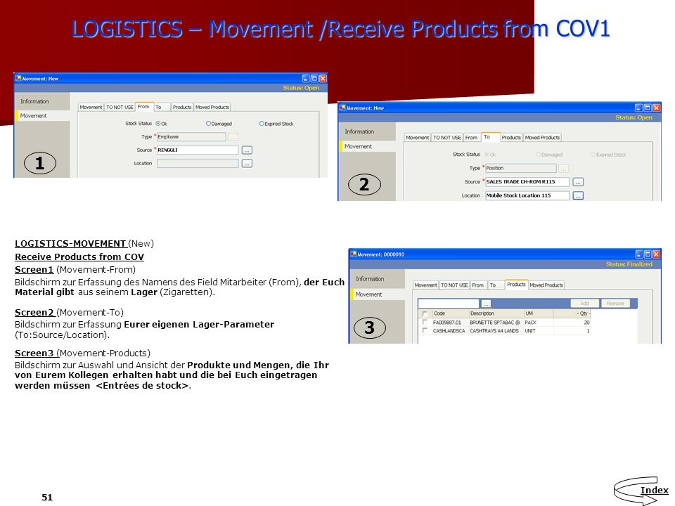 LOGISTICS – Movement /Receive Products from COV1