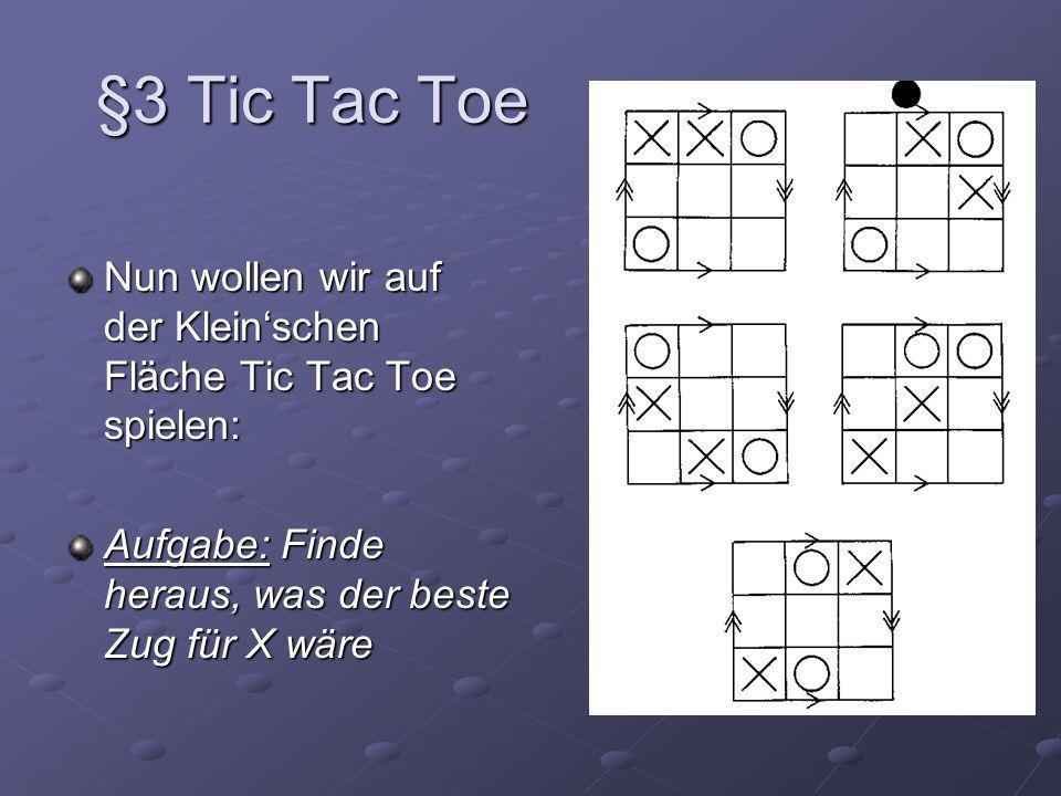 §3 Tic Tac Toe Nun wollen wir auf der Klein‘schen Fläche Tic Tac Toe spielen: Aufgabe: Finde heraus, was der beste Zug für X wäre.