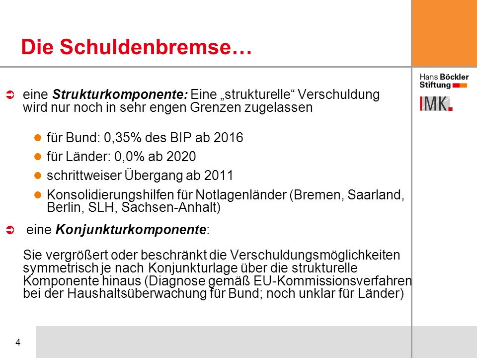 Die Schuldenbremse… eine Strukturkomponente: Eine „strukturelle Verschuldung wird nur noch in sehr engen Grenzen zugelassen.
