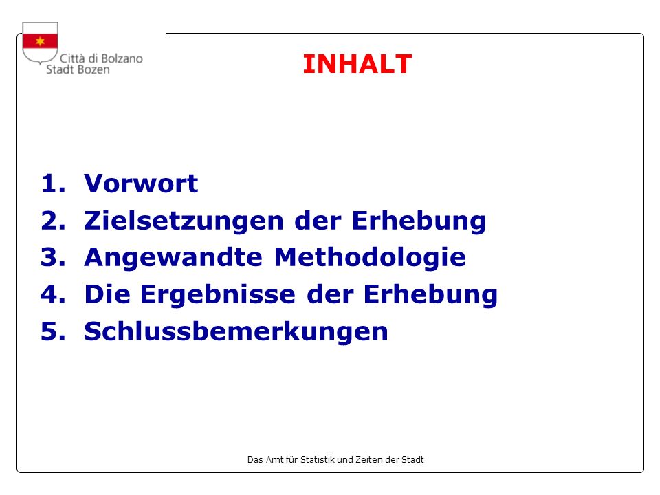 INHALT 1. Vorwort. 2. Zielsetzungen der Erhebung. 3. Angewandte Methodologie. Die Ergebnisse der Erhebung.