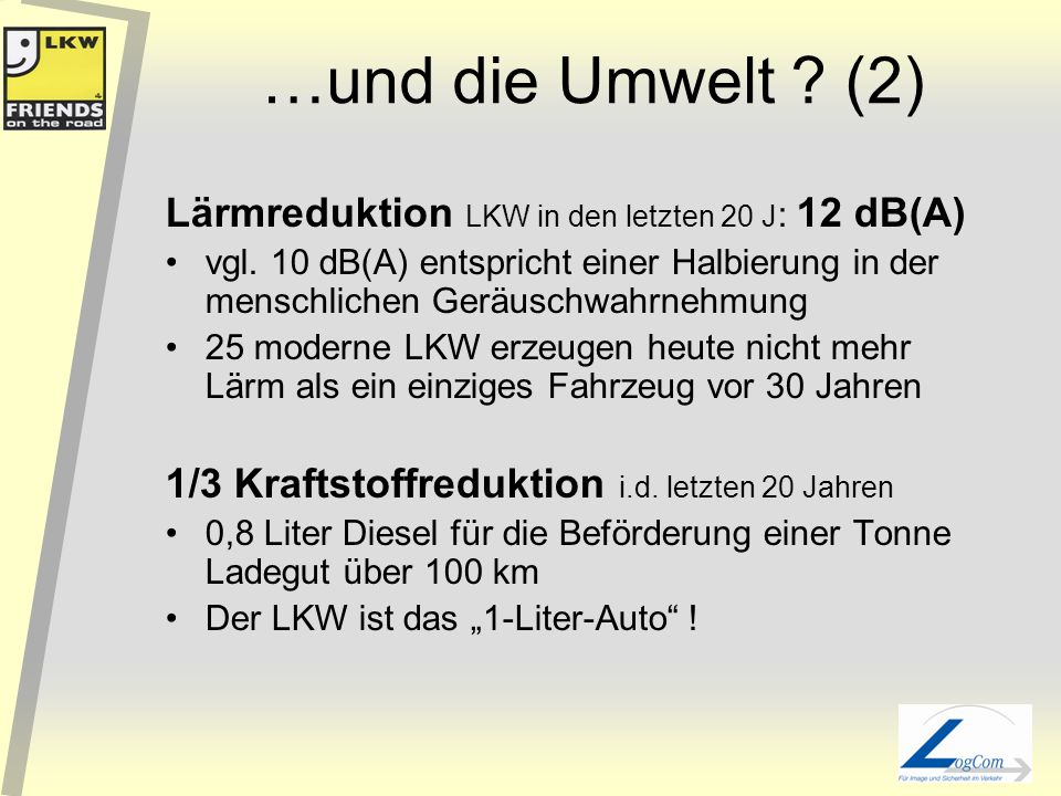 …und die Umwelt (2) Lärmreduktion LKW in den letzten 20 J: 12 dB(A)