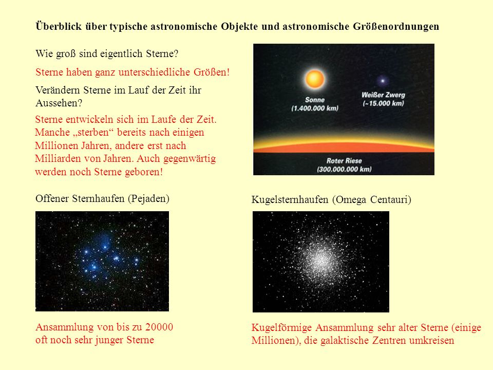Überblick über typische astronomische Objekte und astronomische Größenordnungen