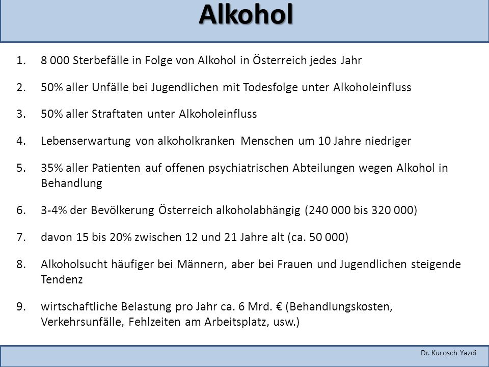 Alkohol Sterbefälle in Folge von Alkohol in Österreich jedes Jahr. 50% aller Unfälle bei Jugendlichen mit Todesfolge unter Alkoholeinfluss.