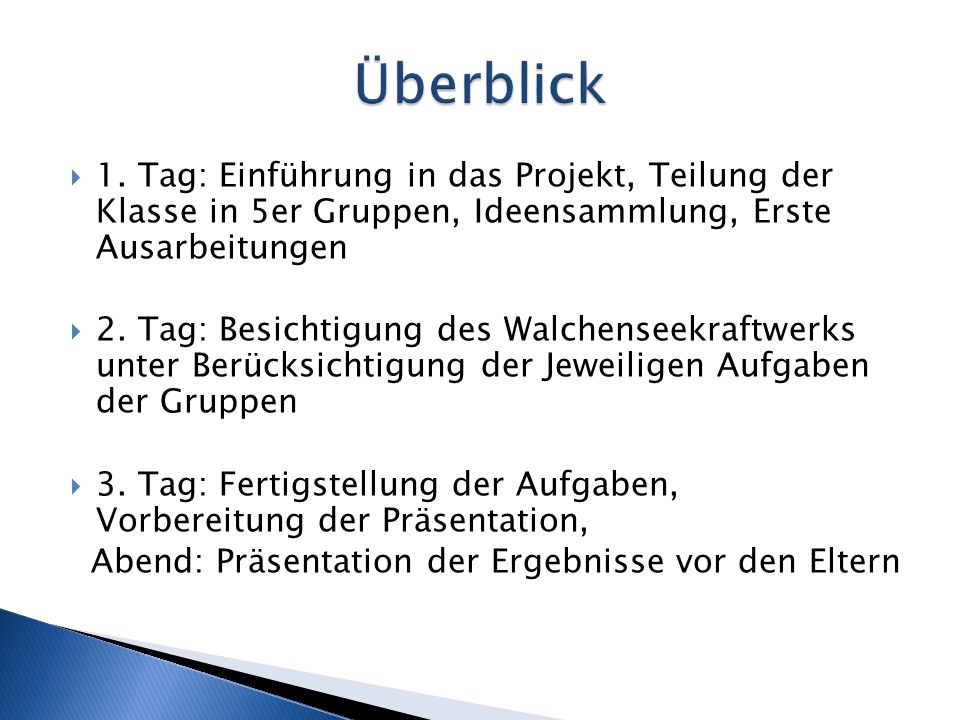 Überblick 1. Tag: Einführung in das Projekt, Teilung der Klasse in 5er Gruppen, Ideensammlung, Erste Ausarbeitungen.