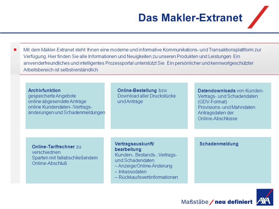 Das Makler-Extranet Mit dem Makler-Extranet steht Ihnen eine moderne und informative Kommunikations- und Transaktionsplattform zur.