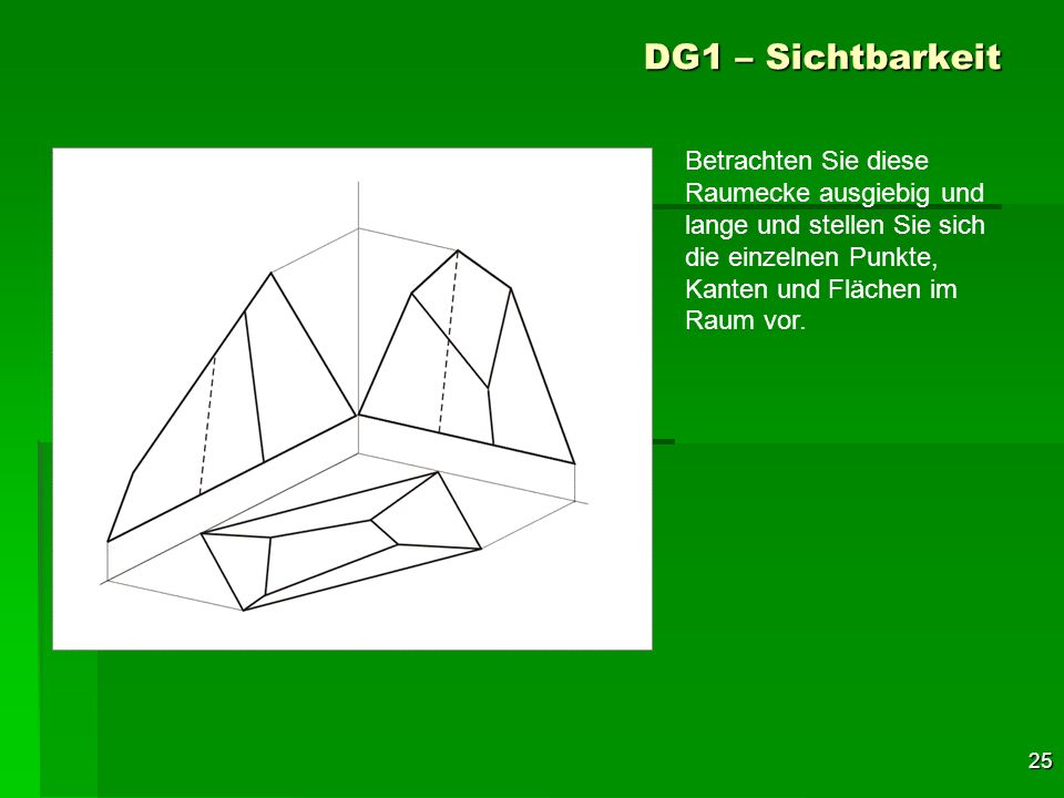 DG1 – Sichtbarkeit Betrachten Sie diese Raumecke ausgiebig und lange und stellen Sie sich die einzelnen Punkte, Kanten und Flächen im Raum vor.