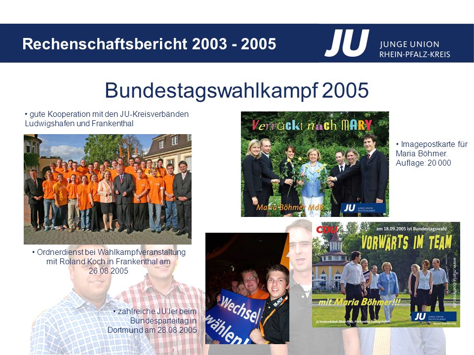 Bundestagswahlkampf 2005 gute Kooperation mit den JU-Kreisverbänden Ludwigshafen und Frankenthal. Imagepostkarte für Maria Böhmer.