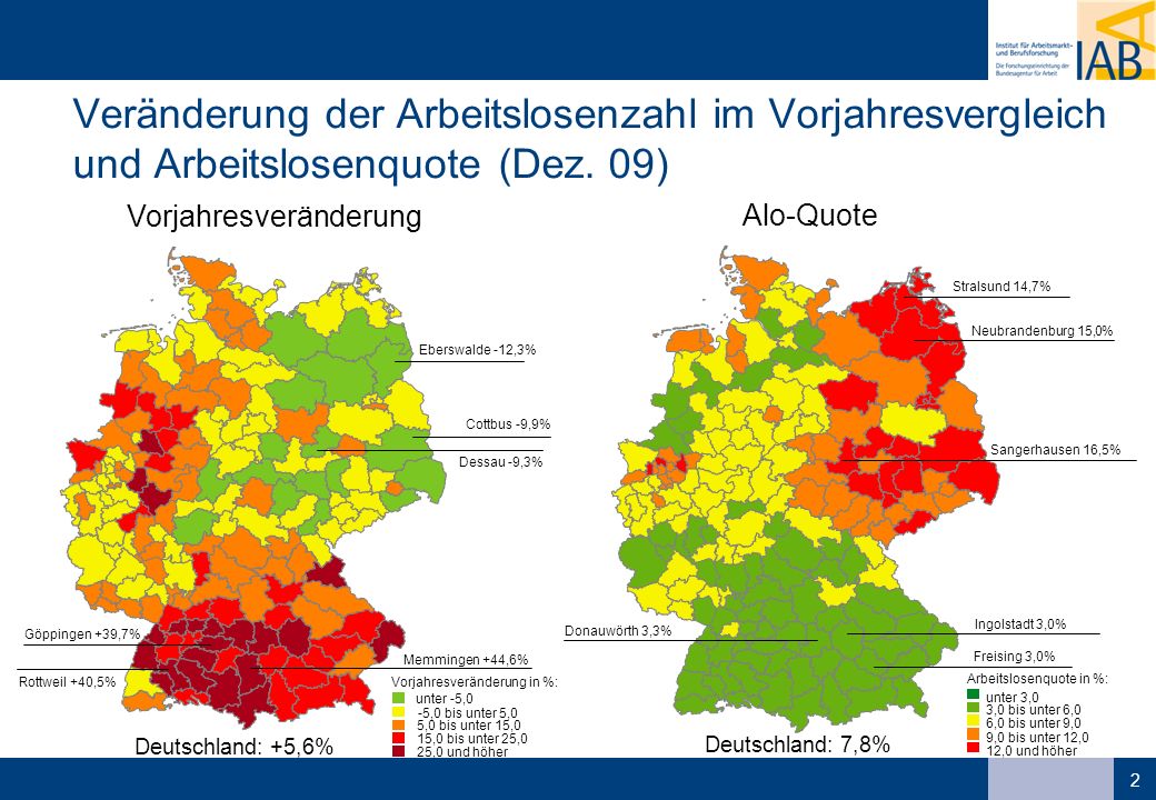 Veränderung der Arbeitslosenzahl im Vorjahresvergleich und Arbeitslosenquote (Dez. 09)