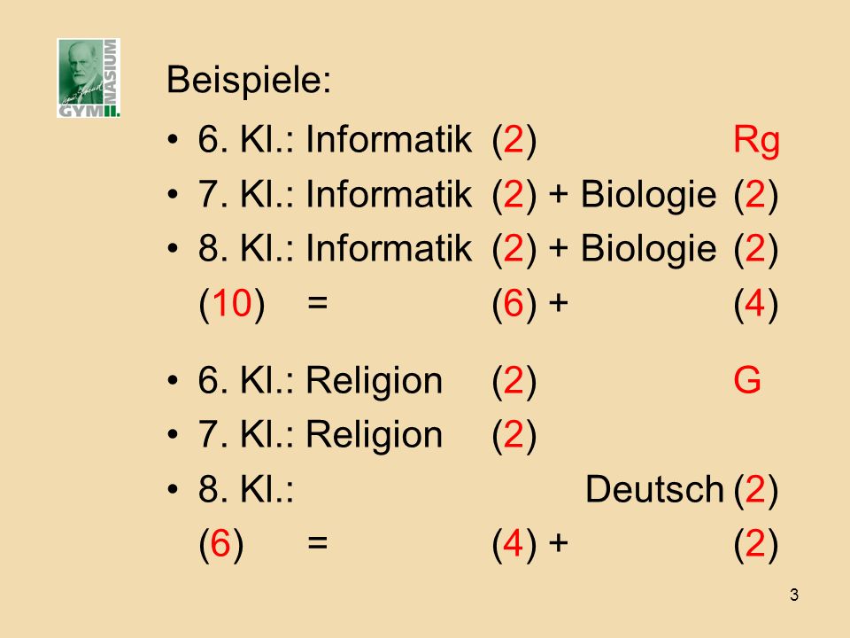 Beispiele: 6. Kl.: Informatik (2) Rg. 7. Kl.: Informatik (2) + Biologie (2) 8. Kl.: Informatik (2) + Biologie (2)