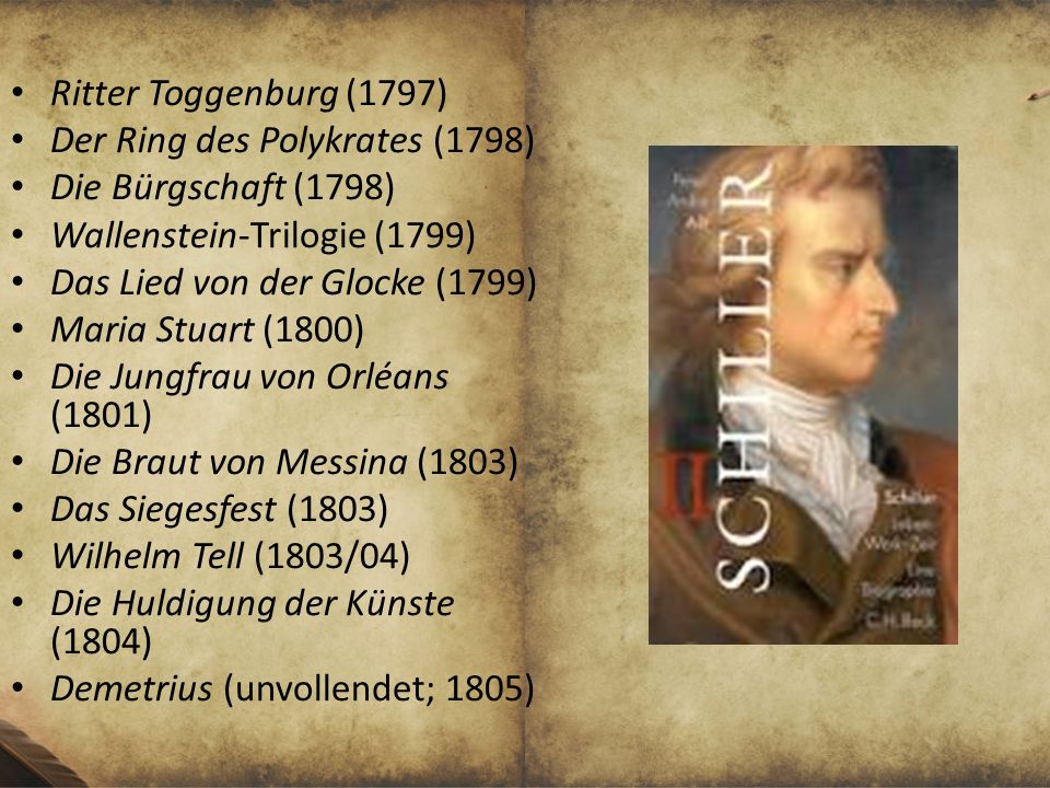 Ritter Toggenburg (1797) Der Ring des Polykrates (1798) Die Bürgschaft (1798) Wallenstein-Trilogie (1799)