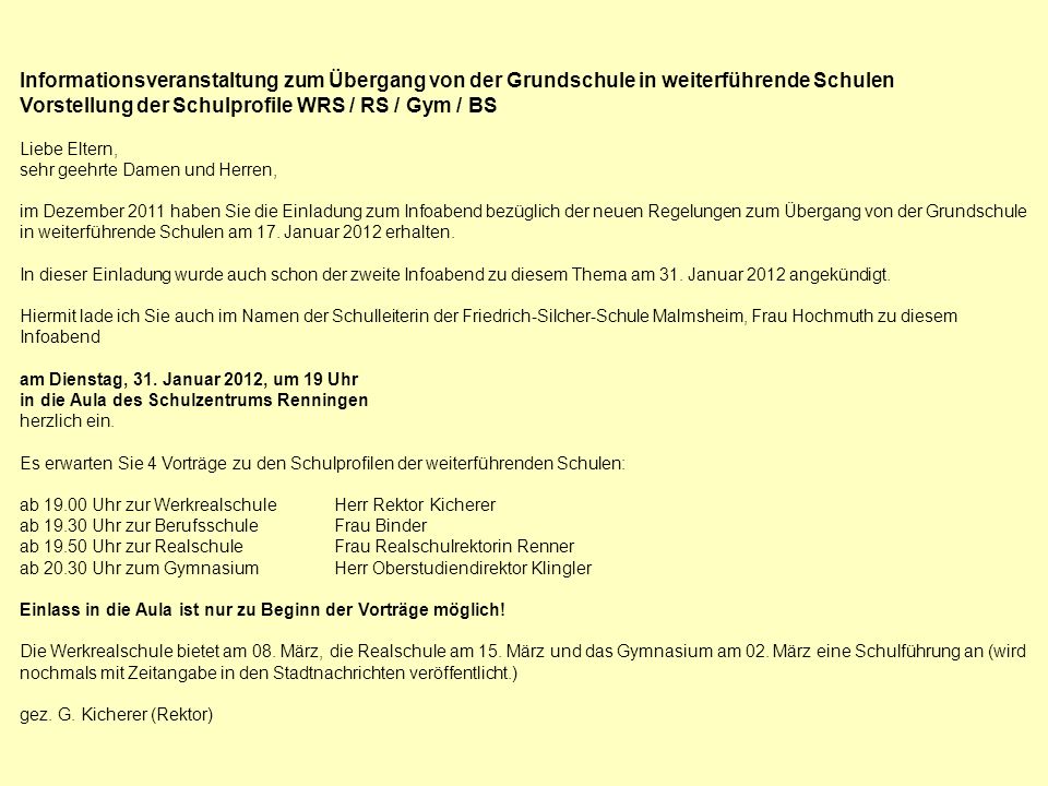 Vorstellung der Schulprofile WRS / RS / Gym / BS