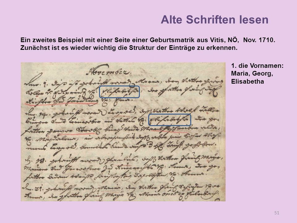 Alte Schriften lesen Ein zweites Beispiel mit einer Seite einer Geburtsmatrik aus Vitis, NÖ, Nov