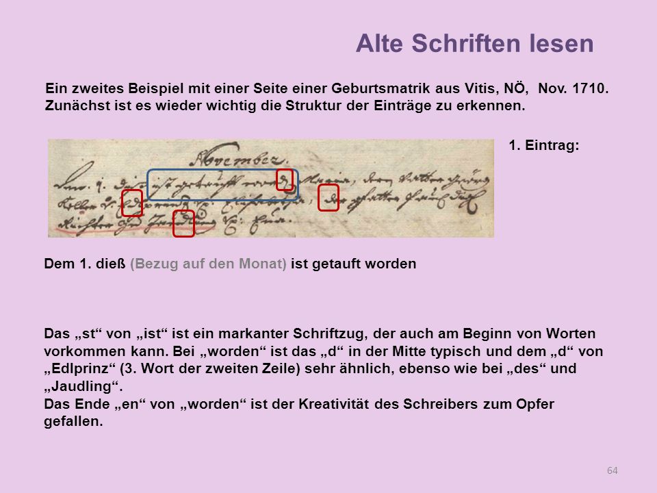 Alte Schriften lesen Ein zweites Beispiel mit einer Seite einer Geburtsmatrik aus Vitis, NÖ, Nov