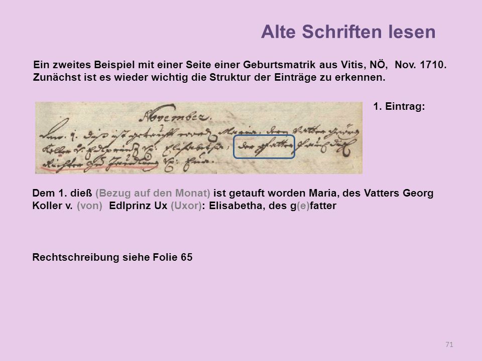 Alte Schriften lesen Ein zweites Beispiel mit einer Seite einer Geburtsmatrik aus Vitis, NÖ, Nov