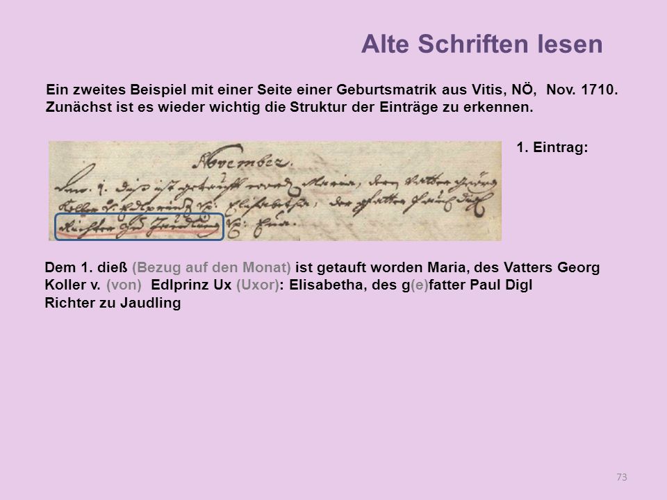 Alte Schriften lesen Ein zweites Beispiel mit einer Seite einer Geburtsmatrik aus Vitis, NÖ, Nov