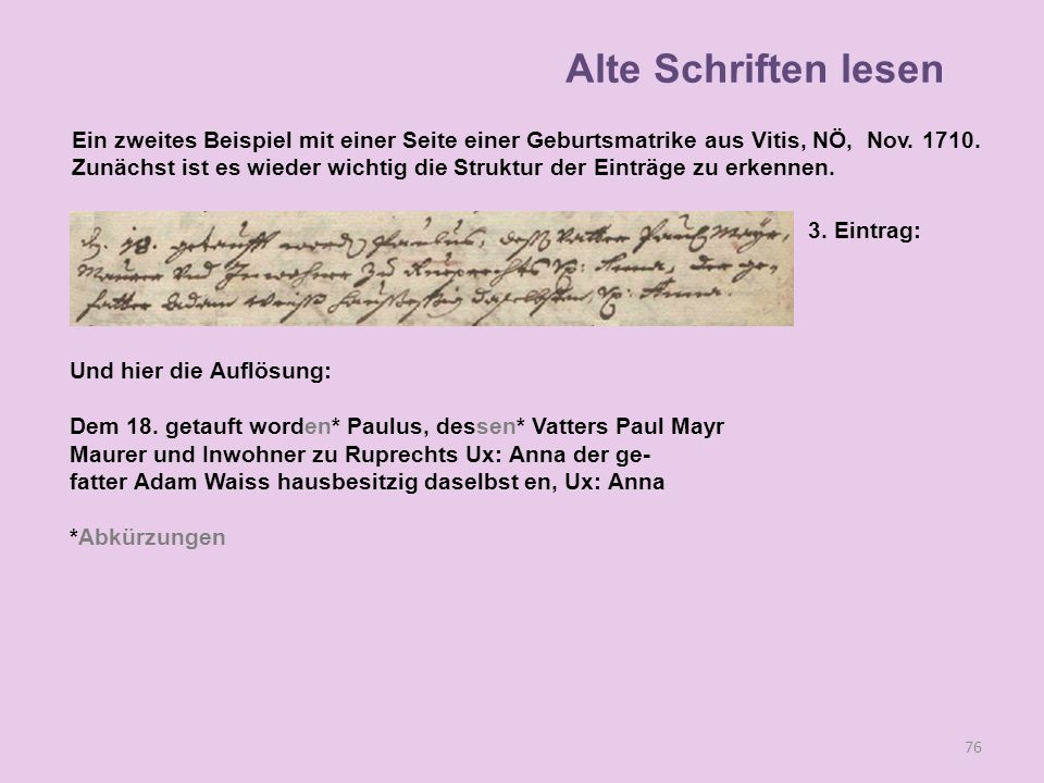 Alte Schriften lesen Ein zweites Beispiel mit einer Seite einer Geburtsmatrike aus Vitis, NÖ, Nov