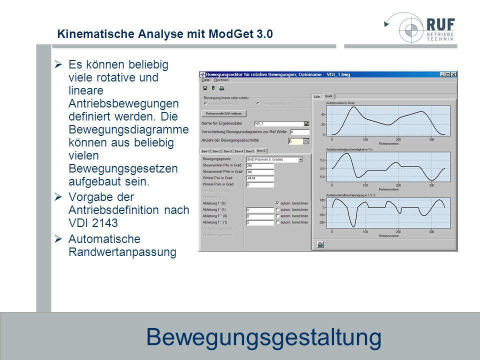 Es können beliebig viele rotative und lineare Antriebsbewegungen definiert werden. Die Bewegungsdiagramme können aus beliebig vielen Bewegungsgesetzen aufgebaut sein.