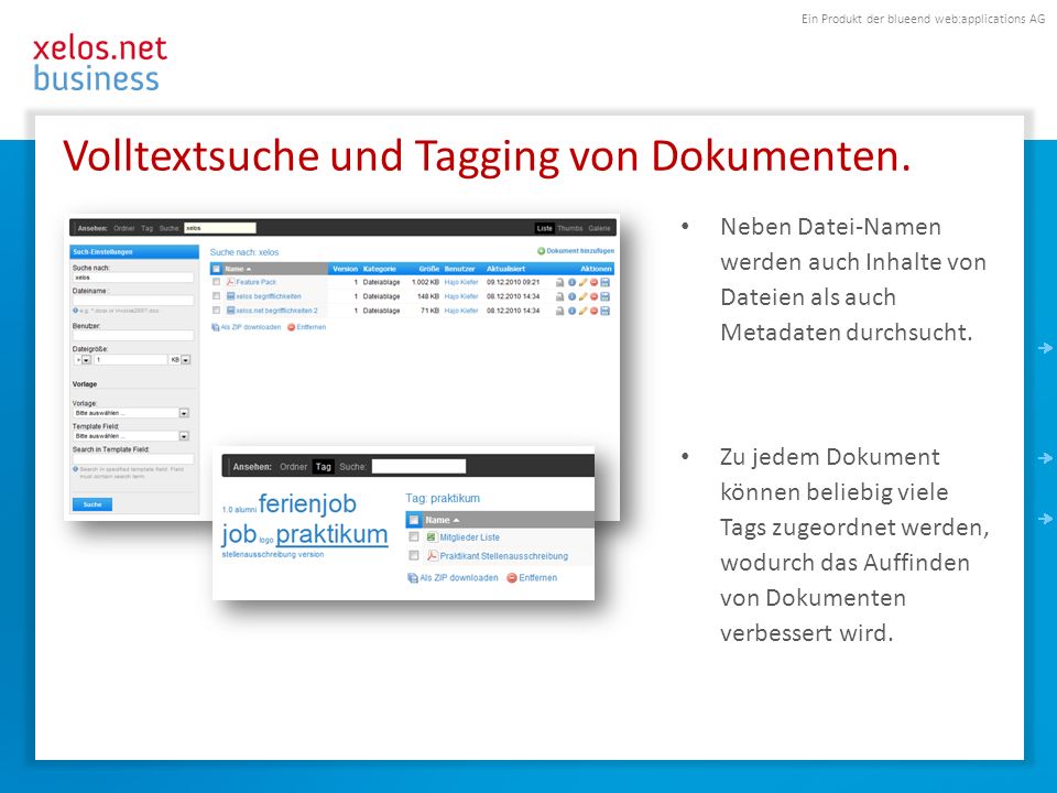Volltextsuche und Tagging von Dokumenten.