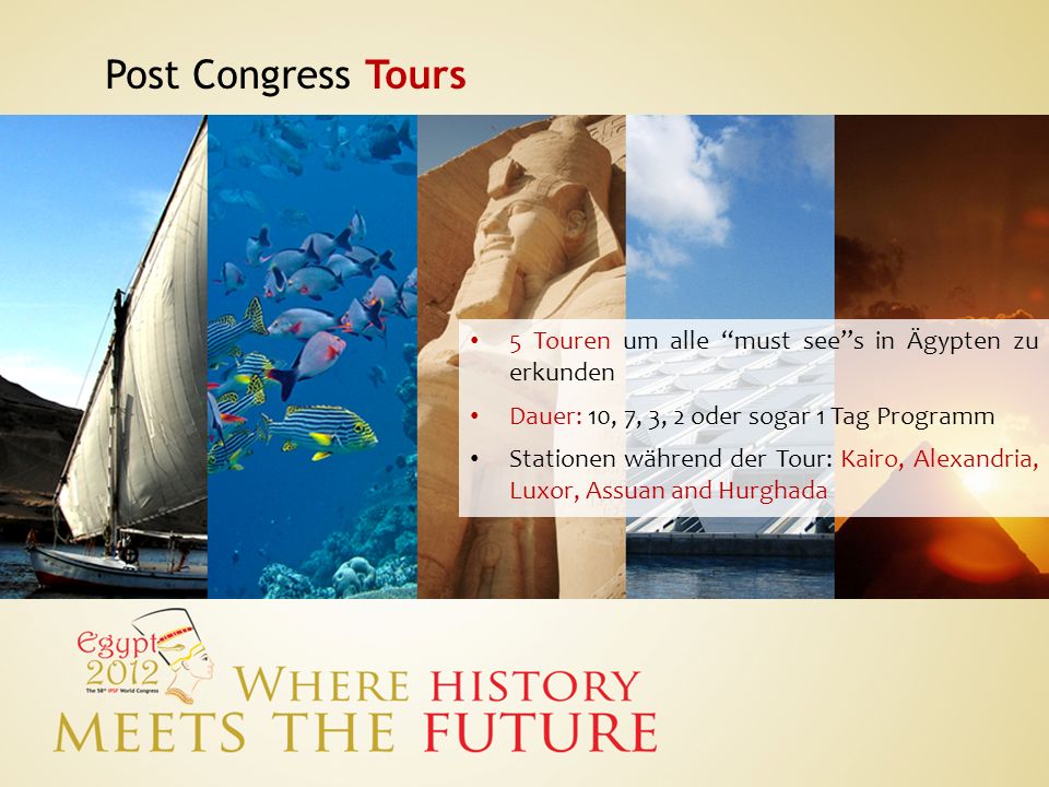 Post Congress Tours 5 Touren um alle must see s in Ägypten zu erkunden. Dauer: 10, 7, 3, 2 oder sogar 1 Tag Programm.