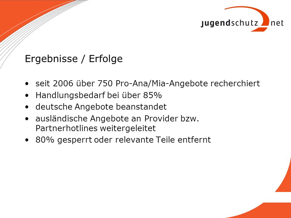 Ergebnisse / Erfolge seit 2006 über 750 Pro-Ana/Mia-Angebote recherchiert. Handlungsbedarf bei über 85%