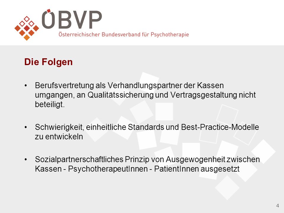 Die Folgen Berufsvertretung als Verhandlungspartner der Kassen umgangen, an Qualitätssicherung und Vertragsgestaltung nicht beteiligt.
