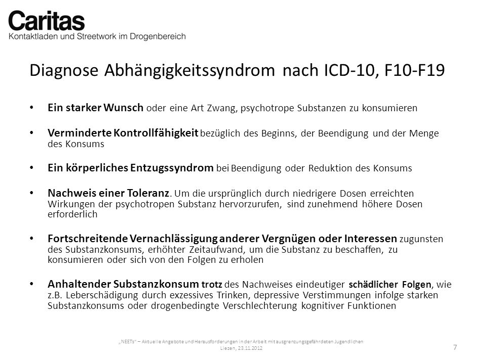 Diagnose Abhängigkeitssyndrom nach ICD-10, F10-F19